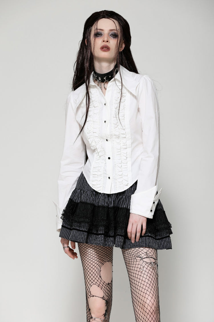 White Turn-down Collar Ruffled Long Sleeves Women's Gothic Blouse