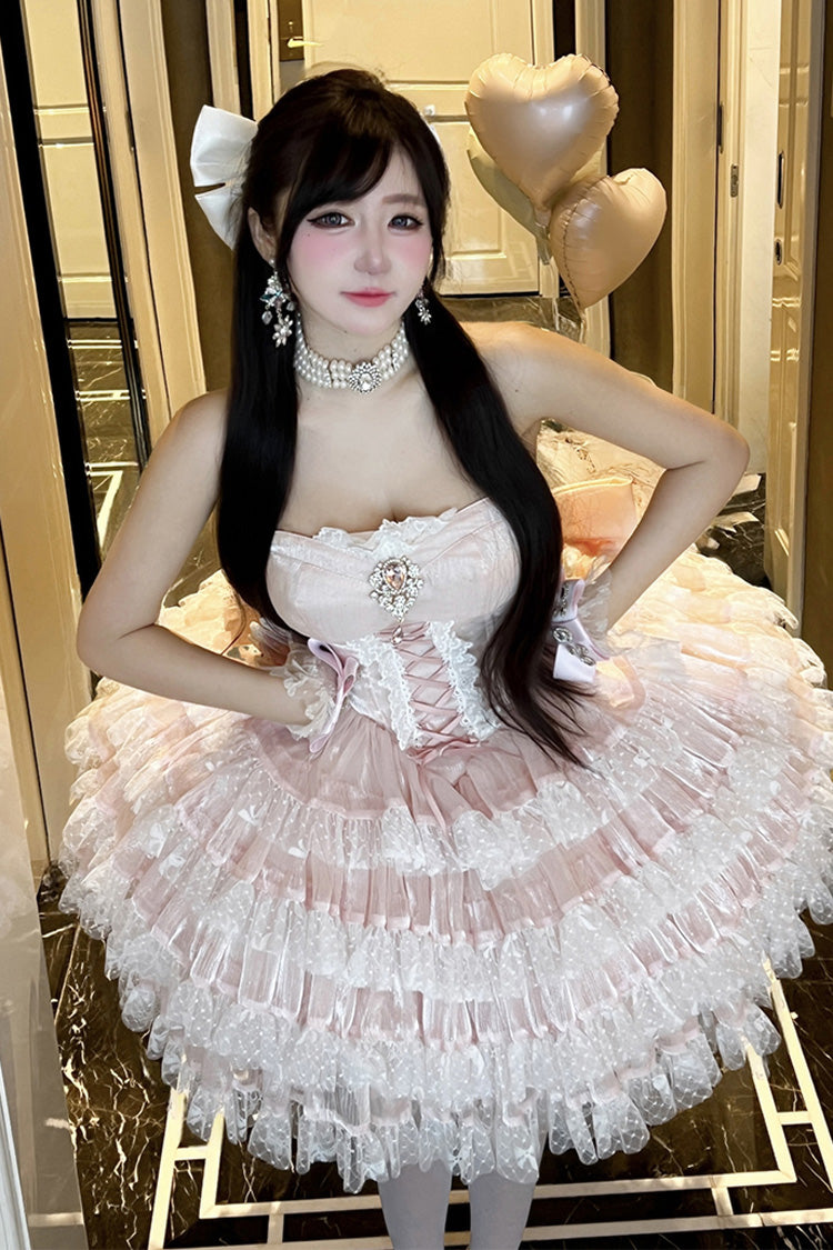 Pink [Heartbeat at First Sight] Off Shoulder Sleeveless Multi-Layered Ruffle Bowknot Lace Lace-Up Sweet Princess Gorgeous Lolita Dress