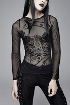 Black Mesh Horn Sleeve Snake Flocking Printed Women's Gothic Shirt