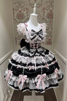 Black/Pink [Silk Satin Gift Box] Square Collar Sleeveless Multi-Layered Ruffled Bow Lace Sweet Lolita Jsk Dress