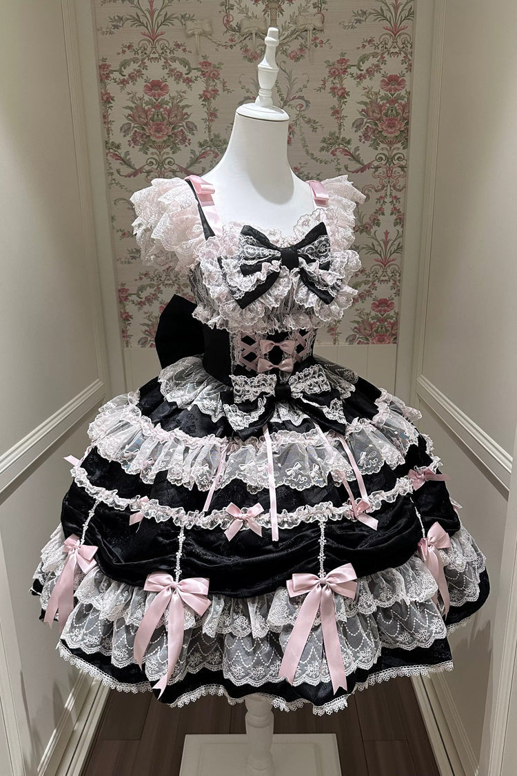 Black/Pink [Silk Satin Gift Box] Square Collar Sleeveless Multi-Layered Ruffled Bow Lace Sweet Lolita Jsk Dress