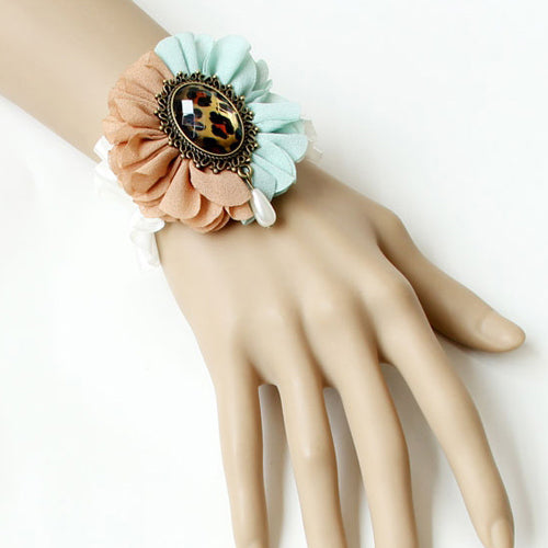 Retro Fashion Leopard Print Gemstone Pink Blue Flower White Lace Female Lolita Bracelet
