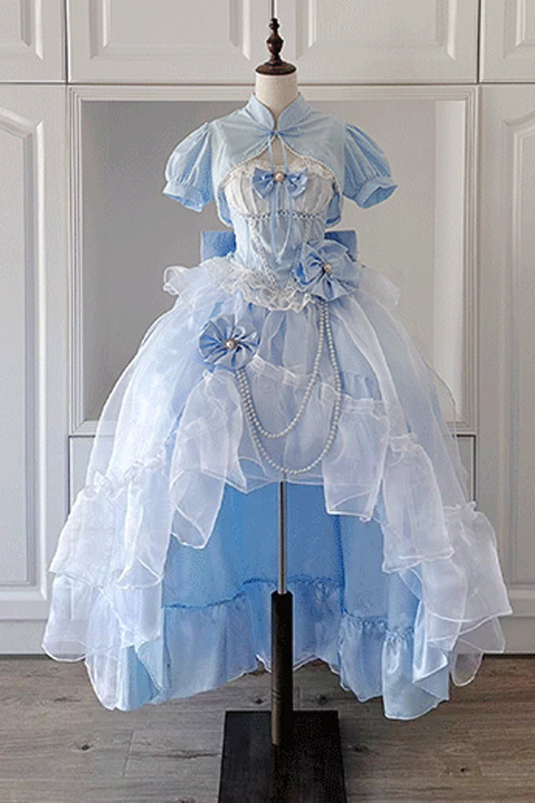 Blue/White Porcelain Printed Ruffled Bow Lace High-low Sweet Plus Size Lolita Jsk Dress(Long Version)
