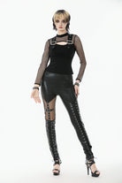 Black Cross Lace-Up PU Sheer Mesh Women's Gothic Punk Pants