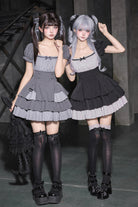 Classic Square Collar Halterneck Short Sleeves Triple-Layered Printed Ruffled Bow Cool Lolita Dress Set 2 Colors(Black, Grey)