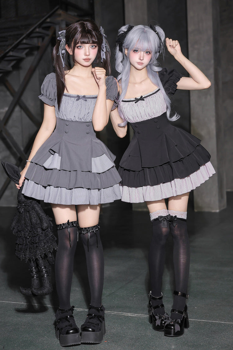 Classic Square Collar Halterneck Short Sleeves Triple-Layered Printed Ruffled Bow Cool Lolita Dress Set 2 Colors(Black, Grey)