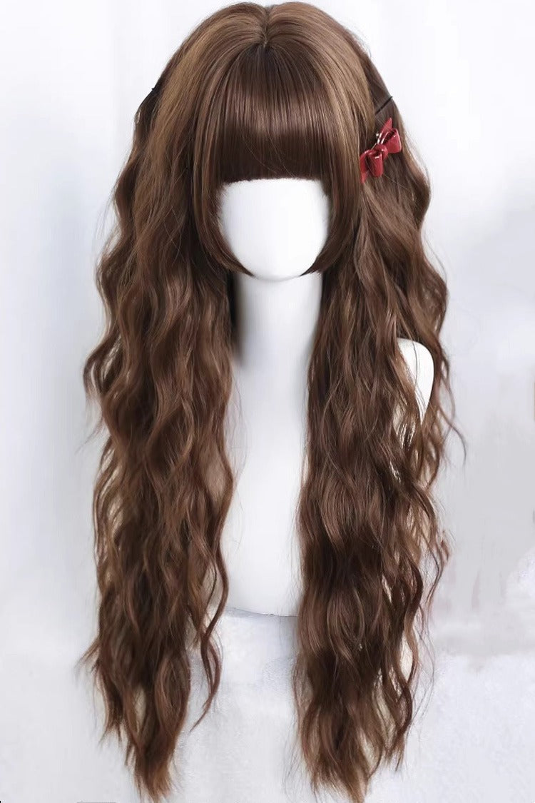 Sakuraki Warm Brown Beach Waves Blunt Bangs Sweet Lolita Long Wig