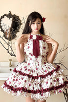 Red/White Halterneck Romantic Rose Print Ruffle Bowknot Sweet Chinese Style Lolita Dress