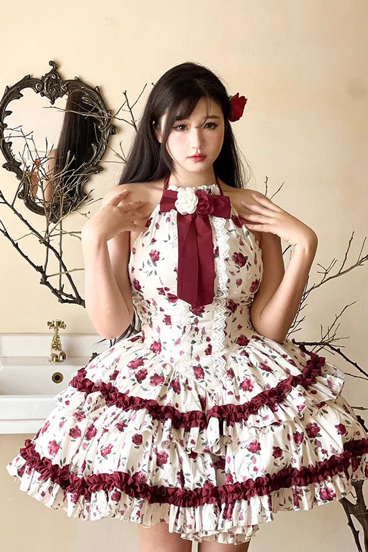 Red/White Halterneck Romantic Rose Print Ruffle Bowknot Sweet Chinese Style Lolita Dress