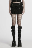 Black Ripped Asymmetric Studded Women's Punk Denim Skirt