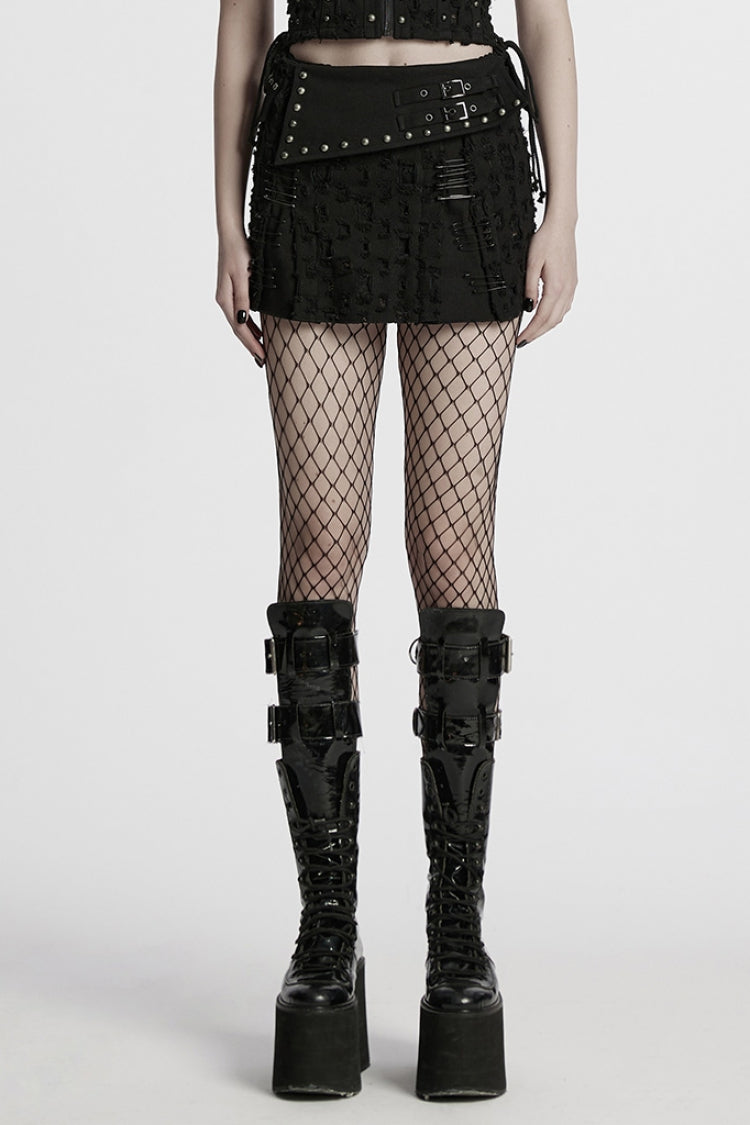 Black Ripped Asymmetric Studded Women's Punk Denim Skirt