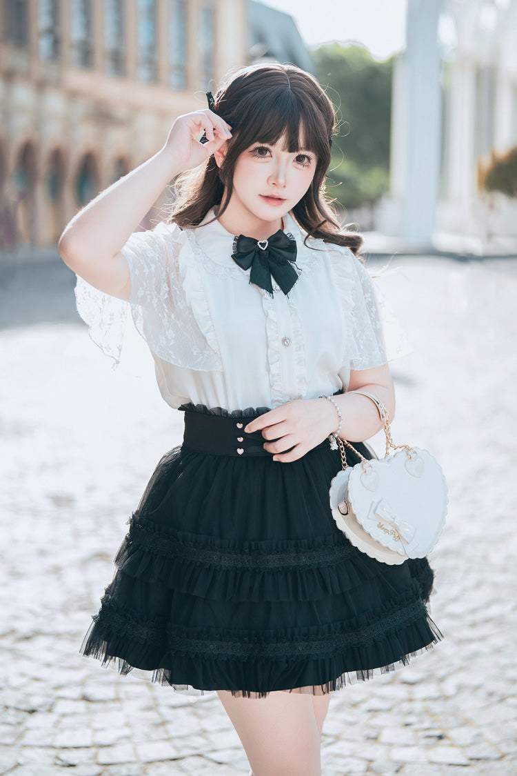 Black/White [Snow Velvet Bunny] Short Sleeves Double-Layered Ruffled Bow Lace Plus Size Japanese Sailor Collar Two-piece Set