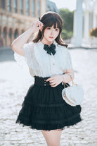 Black/White [Snow Velvet Bunny] Short Sleeves Double-Layered Ruffled Bow Lace Plus Size Japanese Sailor Collar Two-piece Set