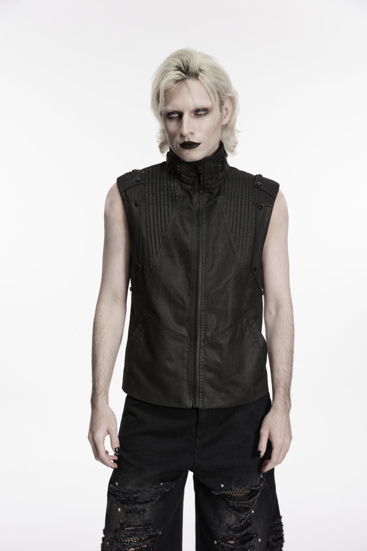 Black Stand Collar Sleeveless Studded Zippered Pleated Men's Punk Cool Vest