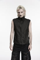 Black Stand Collar Sleeveless Studded Zippered Pleated Men's Punk Cool Vest
