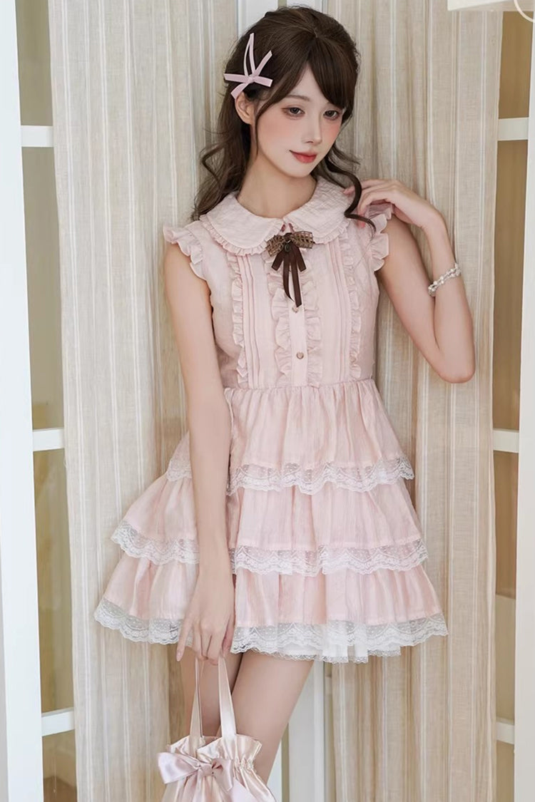 Pink Doll Collar Triple-Layered Ruffled Bow Lace Sweet Lolita Dress