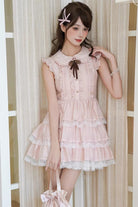 Pink Doll Collar Triple-Layered Ruffled Bow Lace Sweet Lolita Dress