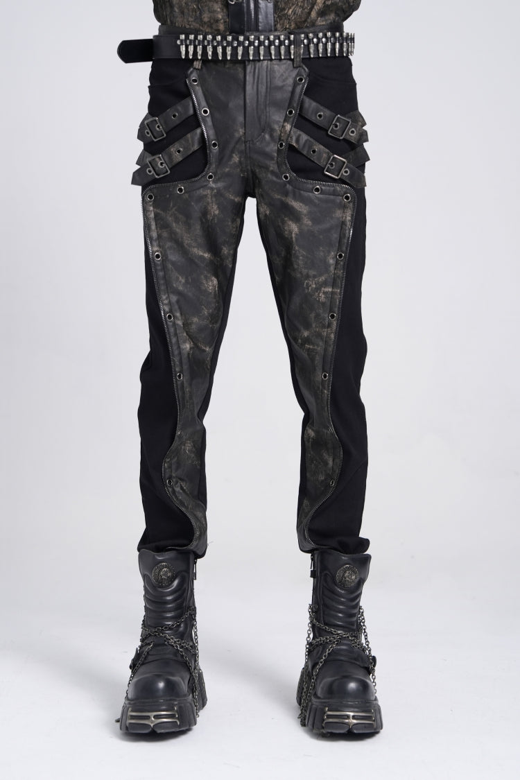 Black/Grey Faux Leather Stitching Buckle Men's Punk Pants