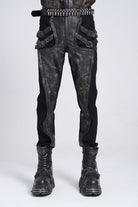 Black/Grey Faux Leather Stitching Buckle Men's Punk Pants