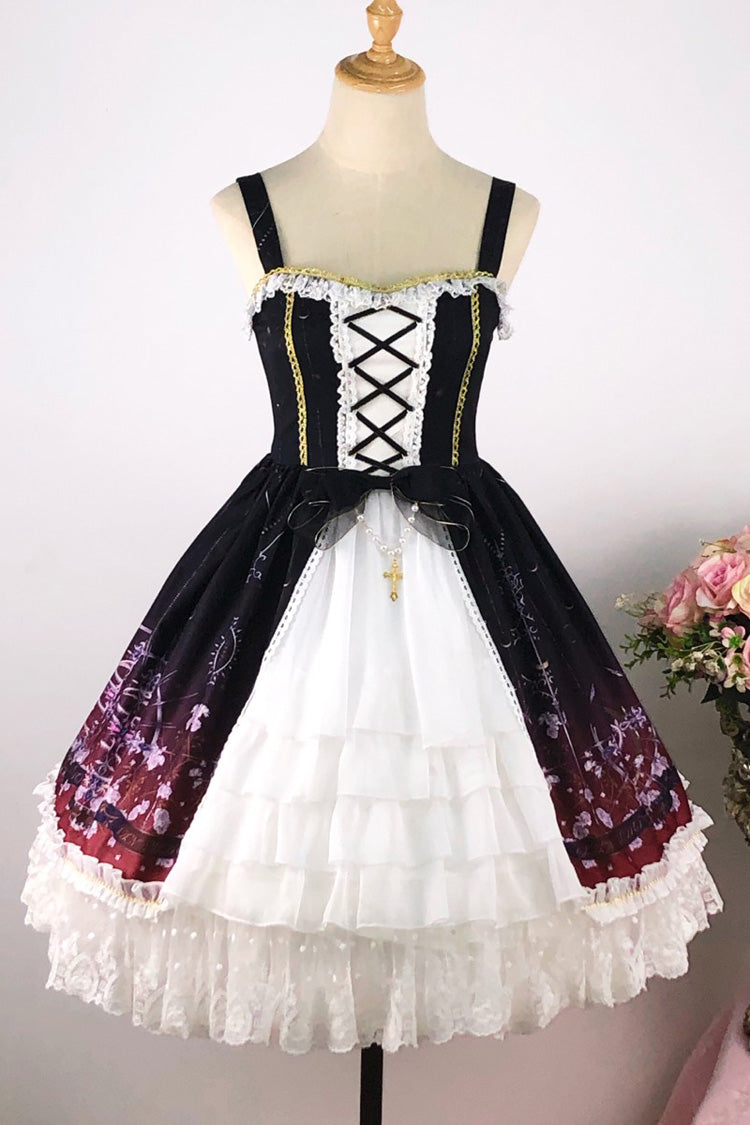 Black/Red Sleeveless Gradient Print Ruffle Cardigan Bowknot Lace-Up Sweet Elegant Lolita Jsk Dress
