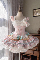 Pink [Candy House] Multi-Layered Print Ruffle Bowknot Lace-Up Sweet Ballet Lolita Jsk Dress
