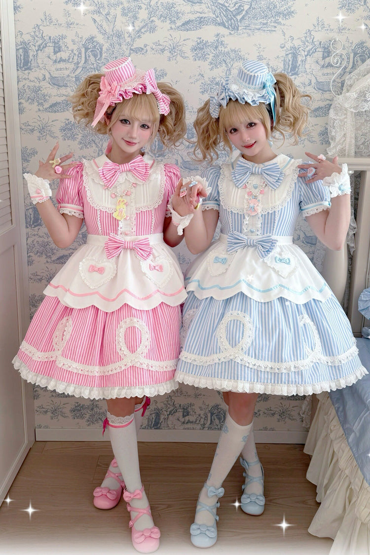 [A Day as a Candy Shop Owner] Peter Pan Collar Short Sleeves Printed Bow Sweet Lolita Dress 3 Colors (Red, Blue, Pink)
