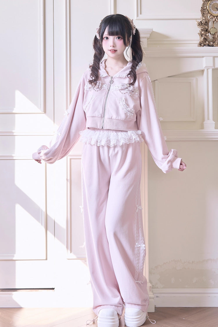 Sweet Long Sleeves Bowknot Lace Hooded Jirai Kei Hoodie Pants Set 3 Colors