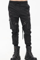 Black Punk Multi-Pocket Leather Splicing Metal Leg Ring Men's Pants