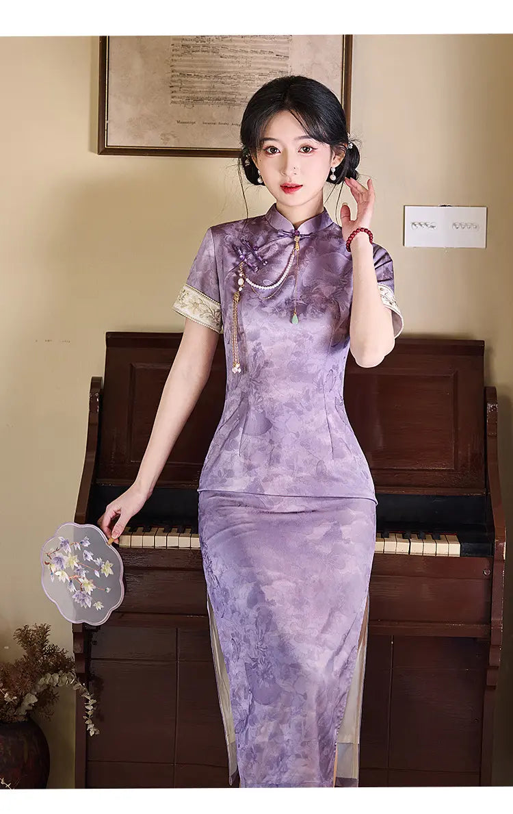 Purple Floral Jacquard Short Sleeves Qi pao Dress With Trim