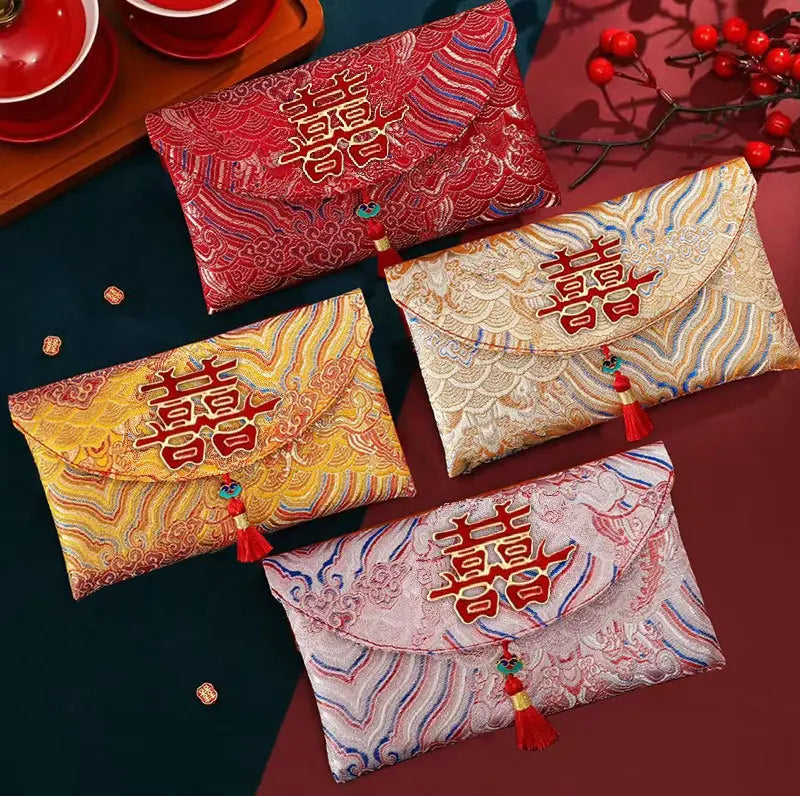 Luxury Brocade Fabric Double Happiness Red Envelopes With Tassel