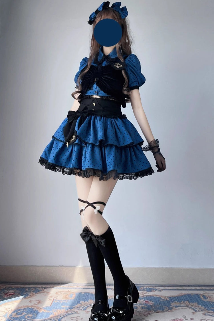 Blue/Black Multi-Layer Polka Dot Print Bowknot Princess Sweet Lolita Skirt Set