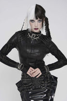 Black Stand Collar Long Sleeves  Circuit Board  Printed Slim Women's Punk Blouse