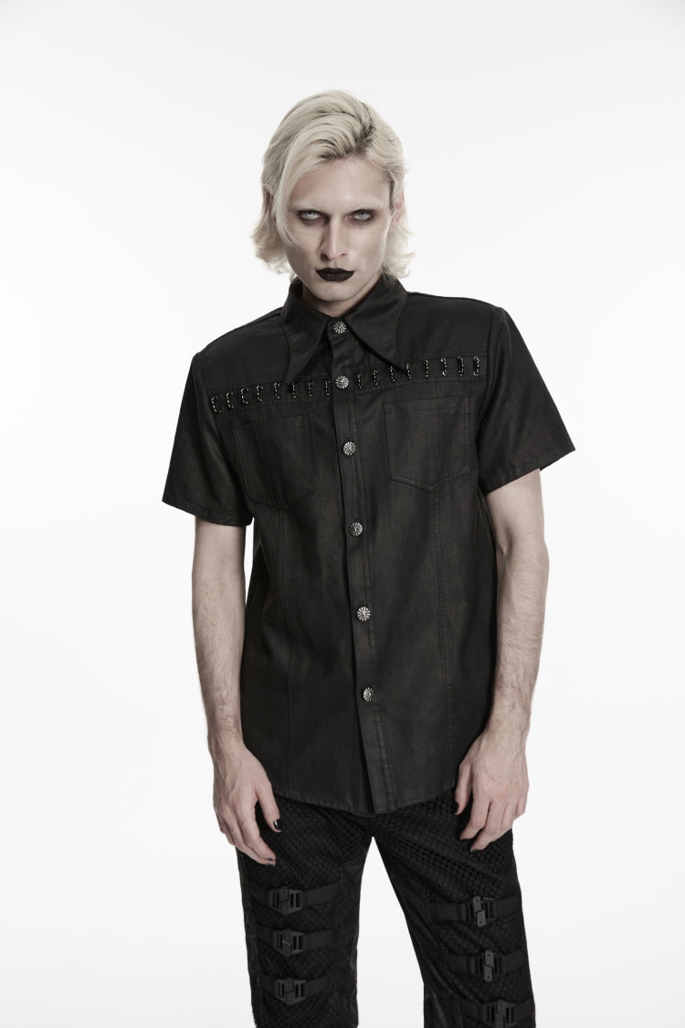 Black Rings  Lapel Collar Short Sleeves Men's Punk Shirt