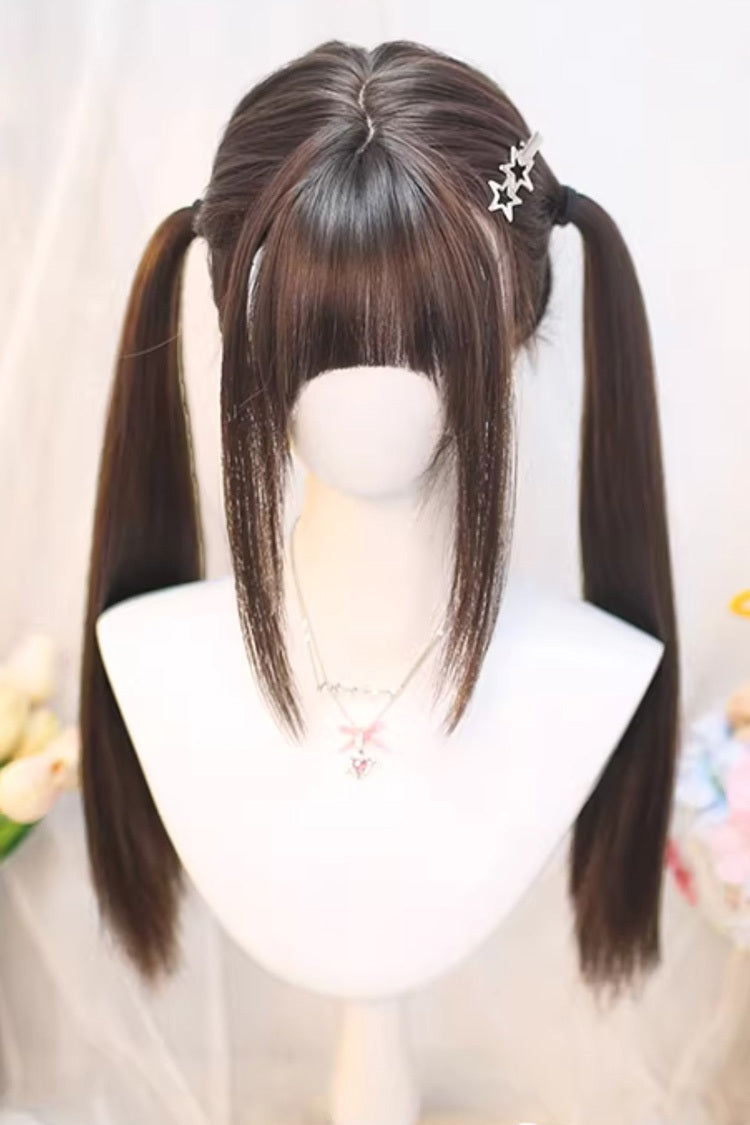 Cute Sweet Girl JK Long Straight Double Ponytail Wig with Neat Bangs 2 Colors