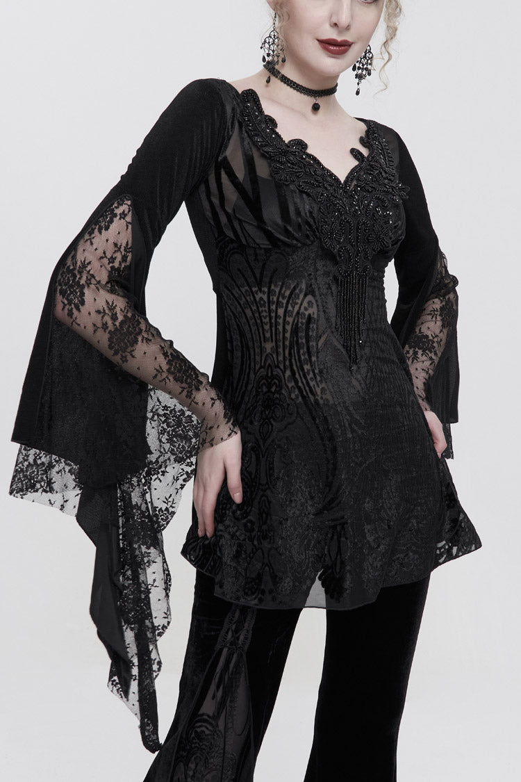 Black V-Neck Beading Lace Flared Cuffs Floral Hip Covered Long Sleeves Women's Gothic T-Shirt