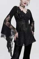 Black V-Neck Beading Lace Flared Cuffs Floral Hip Covered Long Sleeves Women's Gothic T-Shirt