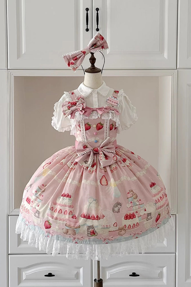 [Little Mouse Strawberry Cake] Sleeveless Printed Ruffled Bow Lace Sweet Lolita Jsk Dress 3 Colors