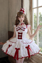 White [Candy Satin Ballet] Square Collar Sleeveless Multi-Layered Ruffled Bow Lace Pearl Detail Sweet Lolita Jsk Dress