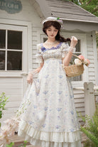Purple/Ivory [Iris Secrets] Short Sleeves Double-Layered Print Ruffle Bowknot Lace-Up Sweet Lolita Dress