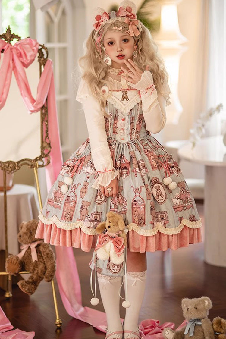 Pink/Green Bear Doll Wall Print Ruffle Embroidery Bowknot Sweet Lolita Jsk Dress