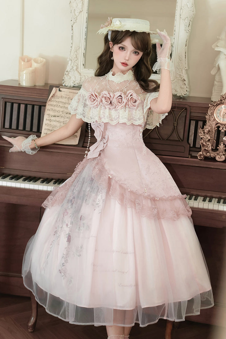 Pink [Rose Poems] Ruffle Embroidery Bowknot Lace Asymmetric Sweet Elegant Lolita Dress Set
