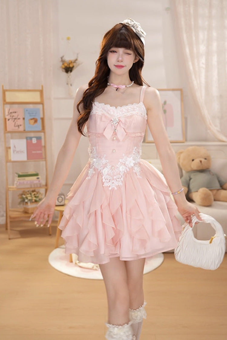 Pink [Floral Brulee] Square Collar Sleeveless Multi-Layered Ruffled Bow Spliced Lace Sweet Princess Lolita Jsk Dress