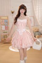 Pink [Floral Brulee] Square Collar Sleeveless Multi-Layered Ruffled Bow Spliced Lace Sweet Princess Lolita Jsk Dress