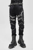 Black Buckle Straps Pleated Men's Punk Pants