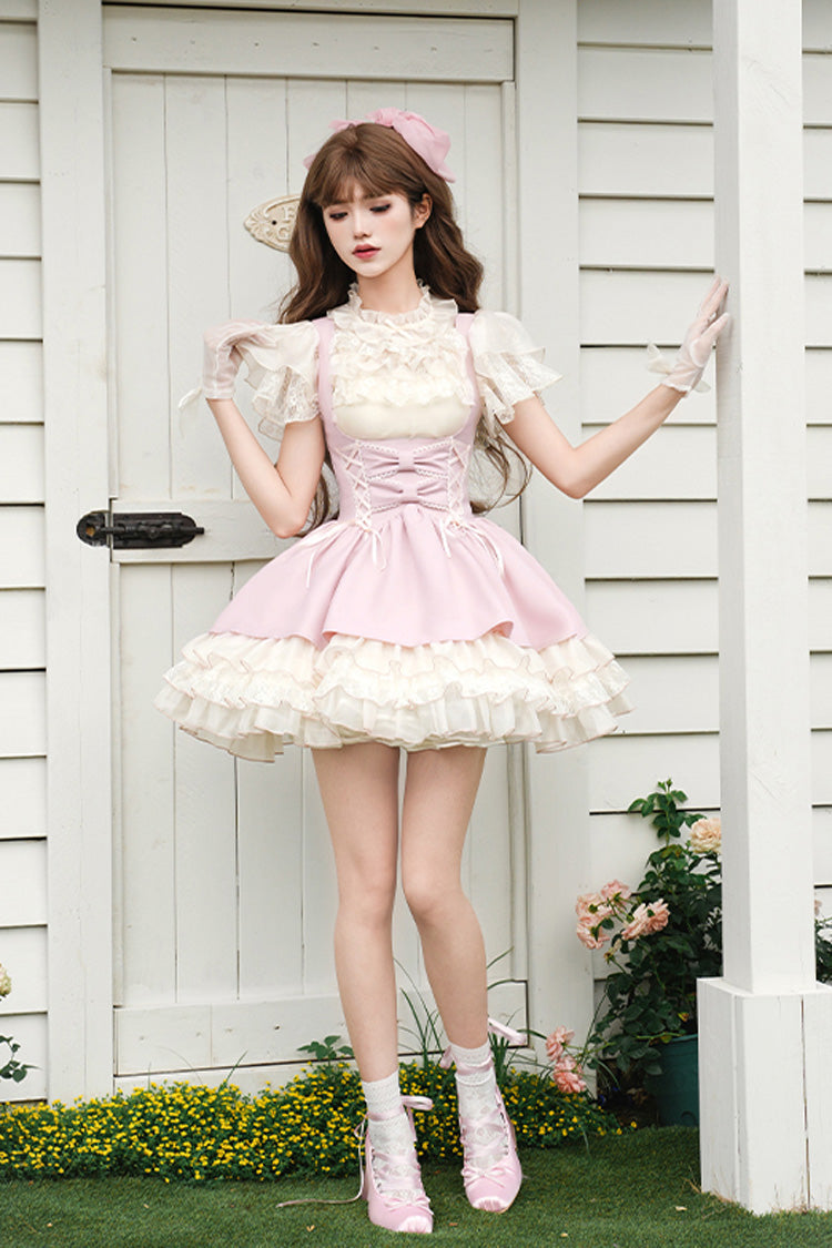 Pink [Love Diary] Multi-Layered Ruffle Bowknot Lace-Up Sweet Lolita Jsk Bustier Dress