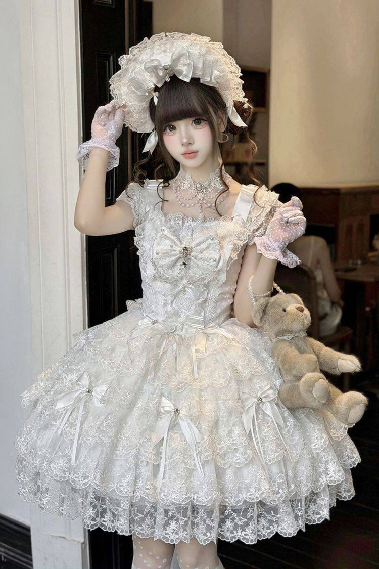 White [Featherlight Slumber] Square Collar Sleeveless Multi-Layered Bow Lace Pearl-Decorated Gothic Lolita Jsk Dress