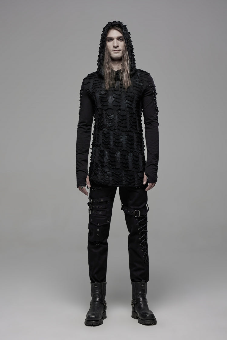 Black Long Sleeves Lace-Up Hooded Ripped Pleated Men's Gothic Cool T-Shirt
