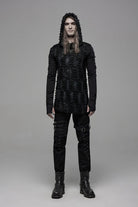 Black Long Sleeves Lace-Up Hooded Ripped Pleated Men's Gothic Cool T-Shirt