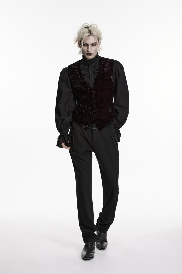 Black/Red V Collar Printed Slim Buckled Men's Gothic Retro Velvet Vest