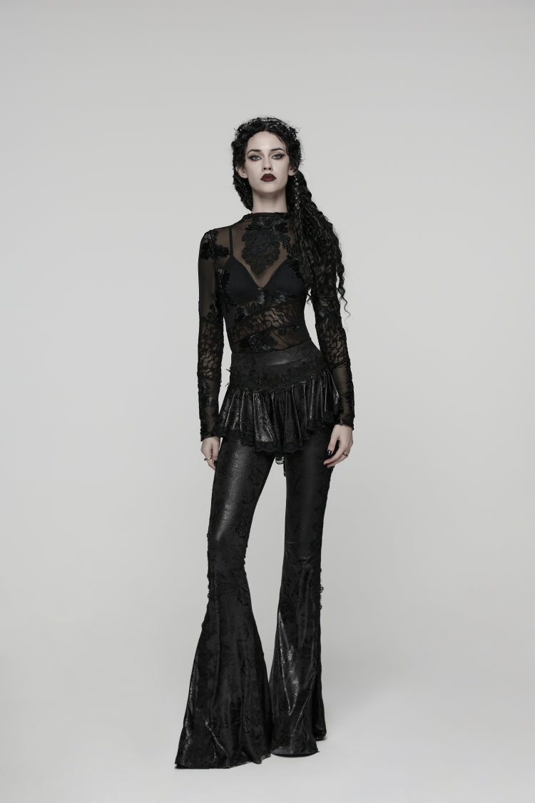Black Printed Lace Slim Faux Two-Piece Women's Gothic Flared Pants